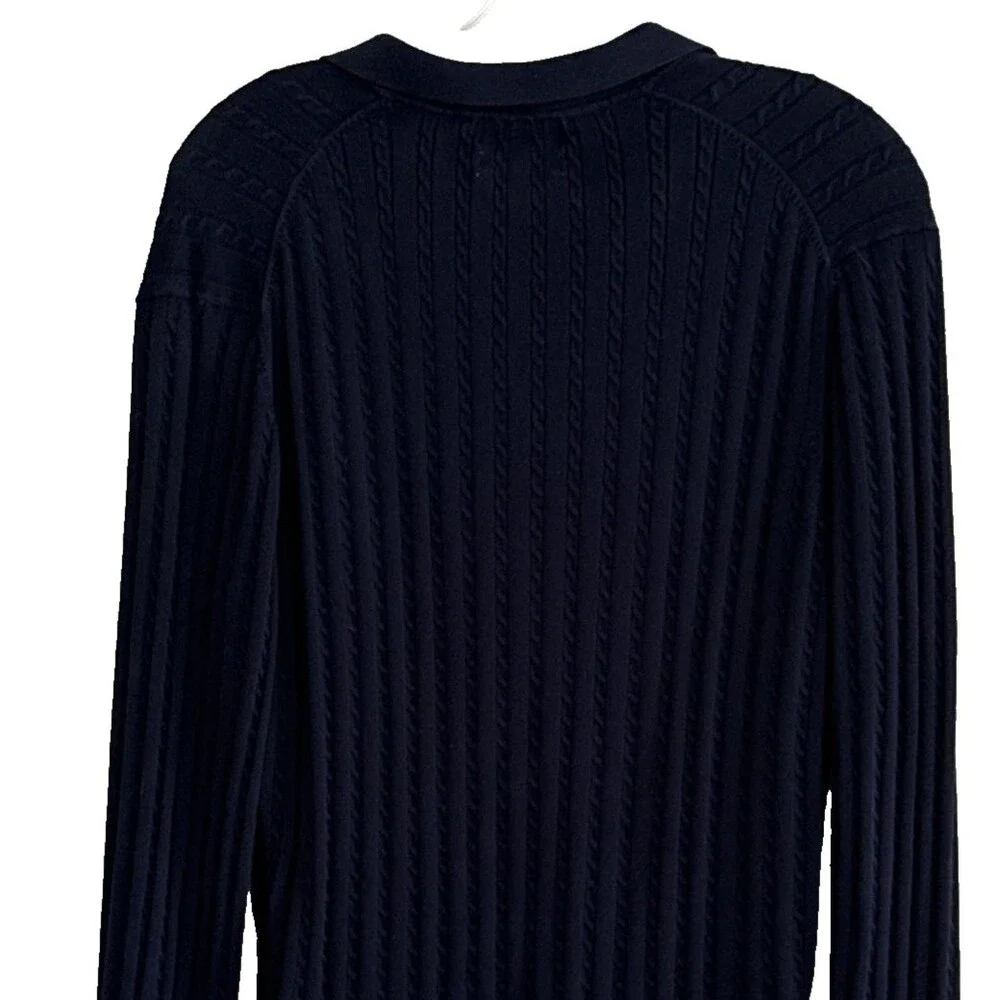 Massimo Dutti Extrafine Cotton Polo Sweater  Mens Sz L Navy Cable Knit Slim Fit
